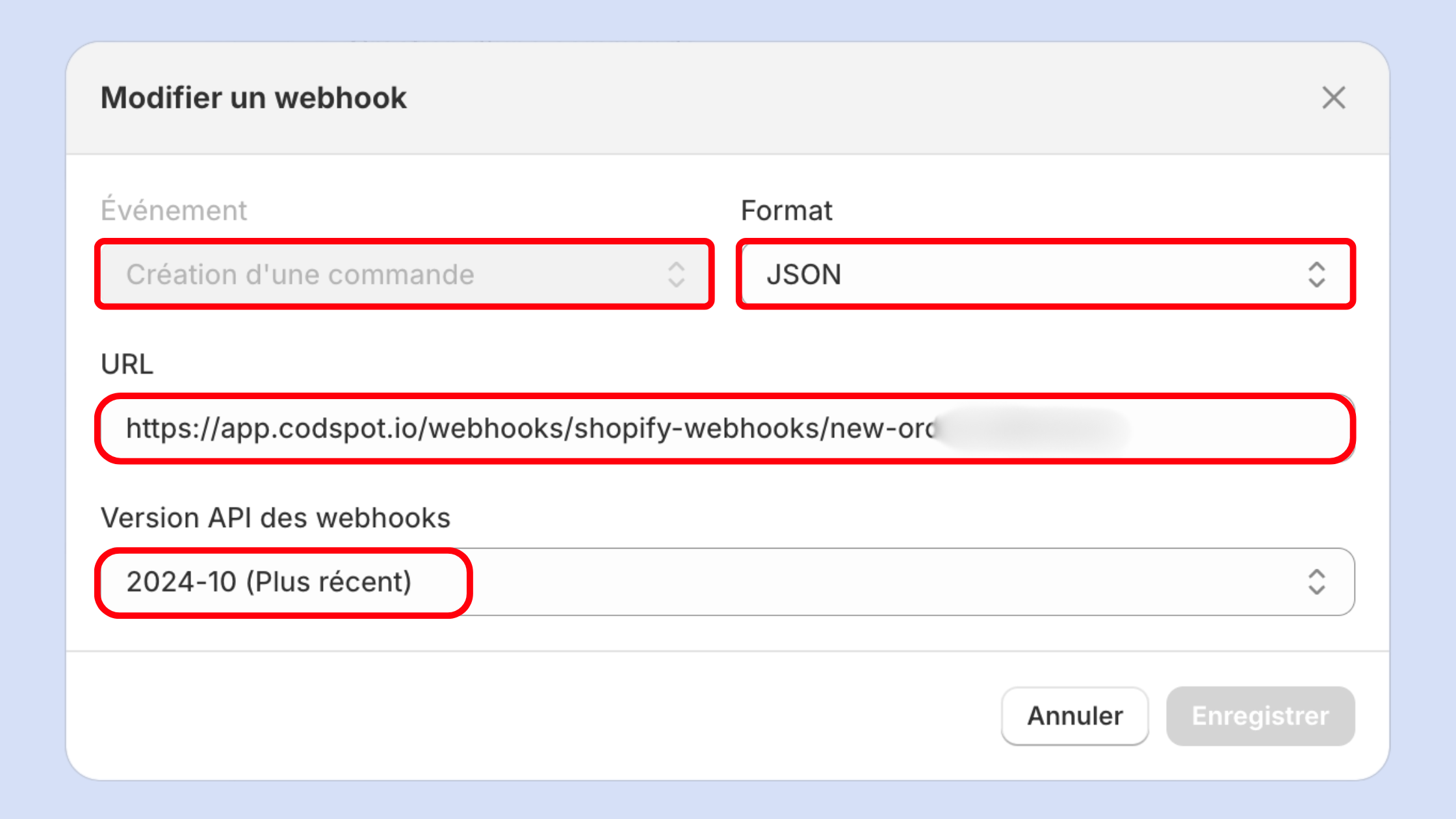 Shopify webhook settings