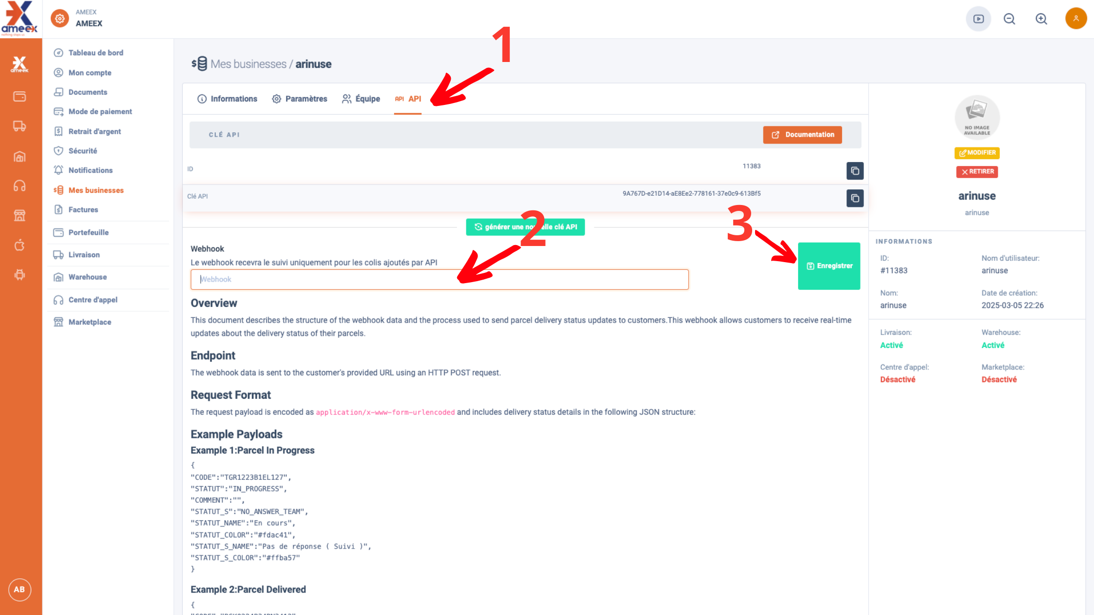 Ameex paste webhook url