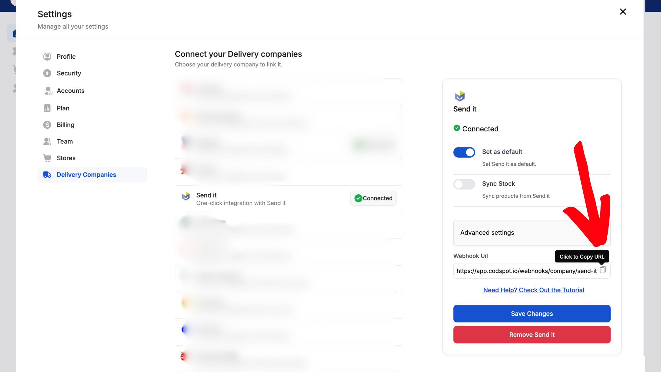 Copy sendit webhook url
